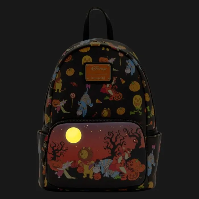 11" Disney : Winnie the Pooh - Halloween Group Glow in the Dark Faux Leather Mini Backpack Bag Loungefly