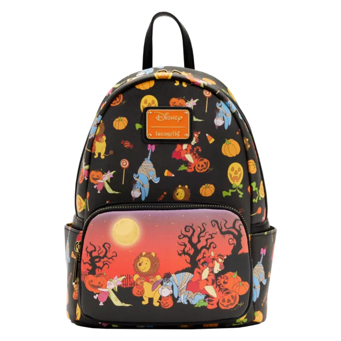 11" Disney : Winnie the Pooh - Halloween Group Glow in the Dark Faux Leather Mini Backpack Bag Loungefly