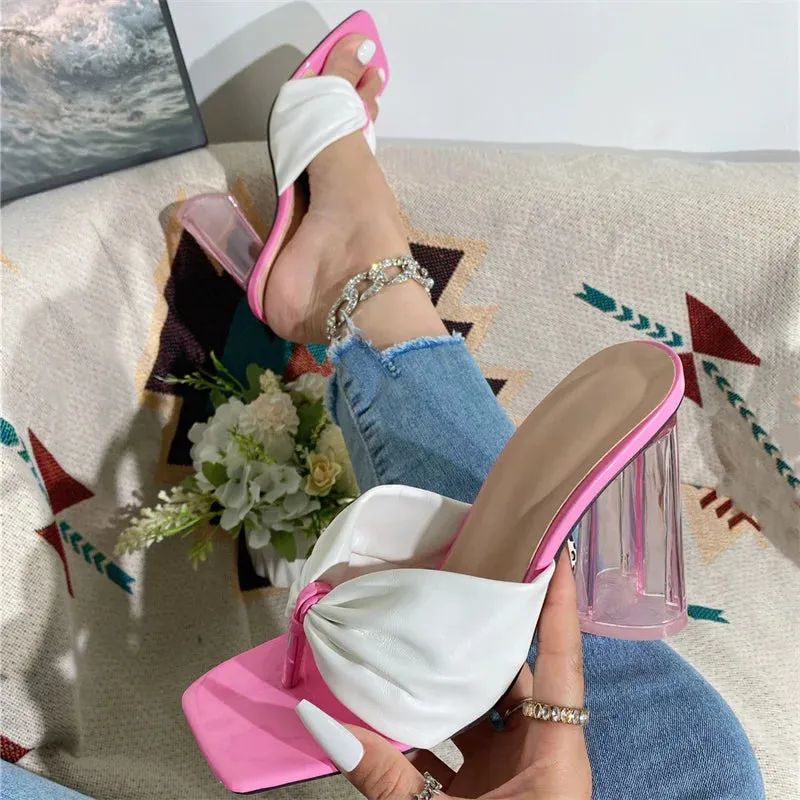 Advbridge  Summer Design Pleated Slippers Woman Square Pinch Toe High Heel Flip-Flops Party Shoes Zapatillas De Mujer