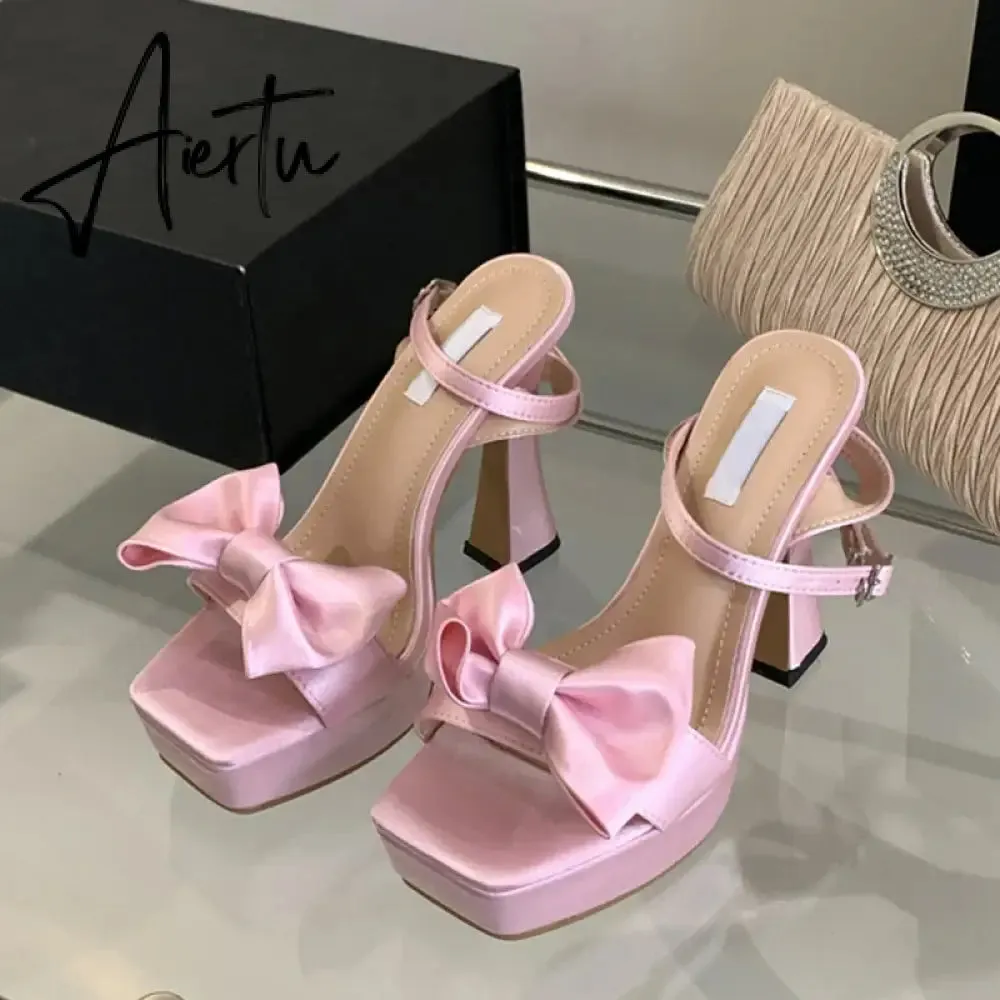 Aiertu  2024 New Brand Super High Heels Sexy Sandals Fashion Pink Silk Bowknot Square Open Toe Chunky Platform Shoes Women Pumps