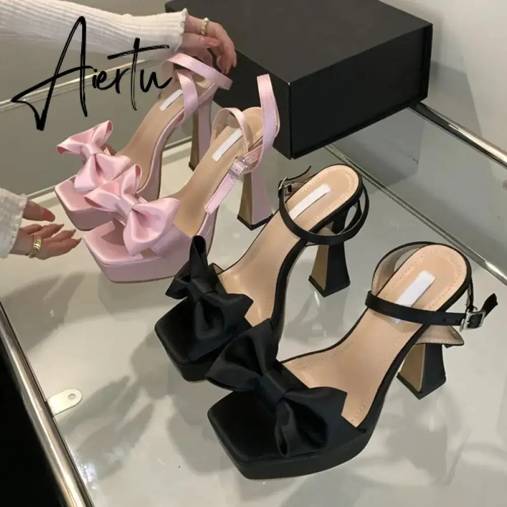 Aiertu  2024 New Brand Super High Heels Sexy Sandals Fashion Pink Silk Bowknot Square Open Toe Chunky Platform Shoes Women Pumps