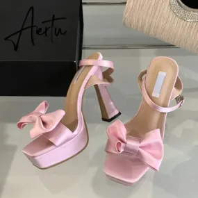 Aiertu  2024 New Brand Super High Heels Sexy Sandals Fashion Pink Silk Bowknot Square Open Toe Chunky Platform Shoes Women Pumps