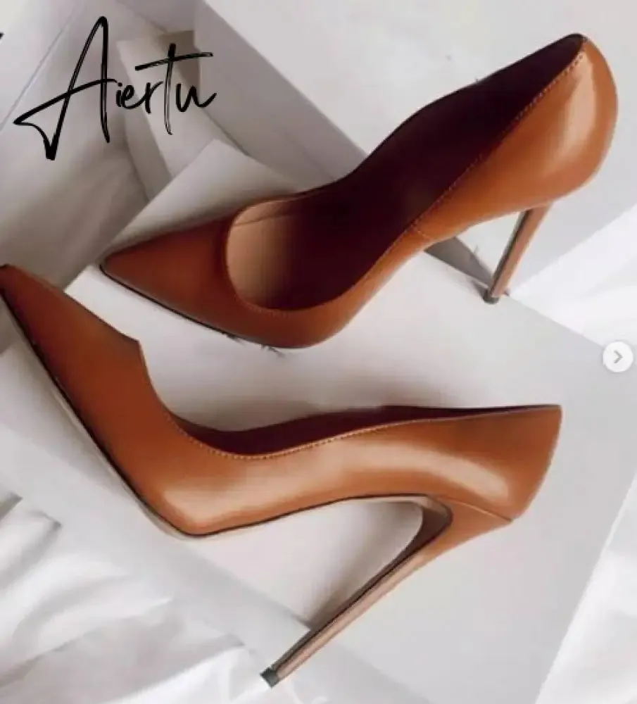 Aiertu Brown Matte Leather High Heel Shoes Sexy Pointed Toe Women Pumps Super High 12/10cm Stiletto Heels Office Lady Shoes