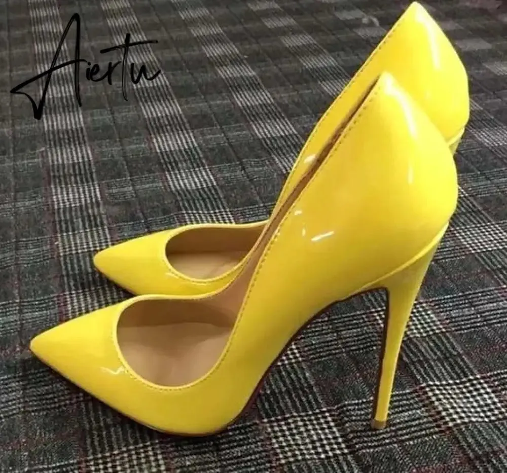 Aiertu Brown Matte Leather High Heel Shoes Sexy Pointed Toe Women Pumps Super High 12/10cm Stiletto Heels Office Lady Shoes