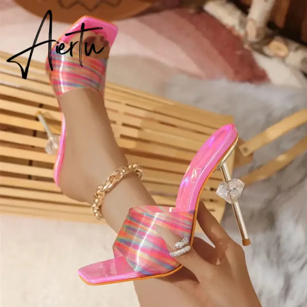 Aiertu Candy Color PVC Transparent Slippers for Women Sexy Square Toe Strange High Heels Sandals Summer Fashion Party Dress Shoes Slide