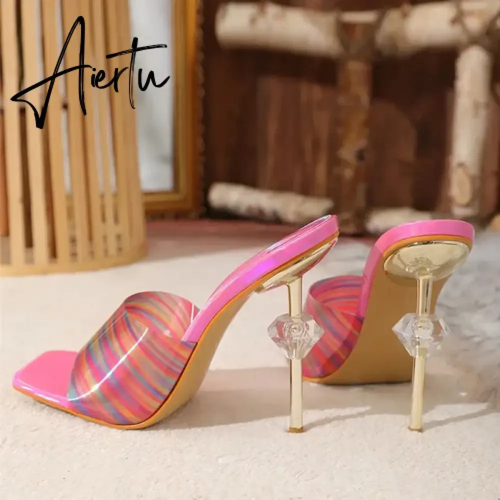 Aiertu Candy Color PVC Transparent Slippers for Women Sexy Square Toe Strange High Heels Sandals Summer Fashion Party Dress Shoes Slide