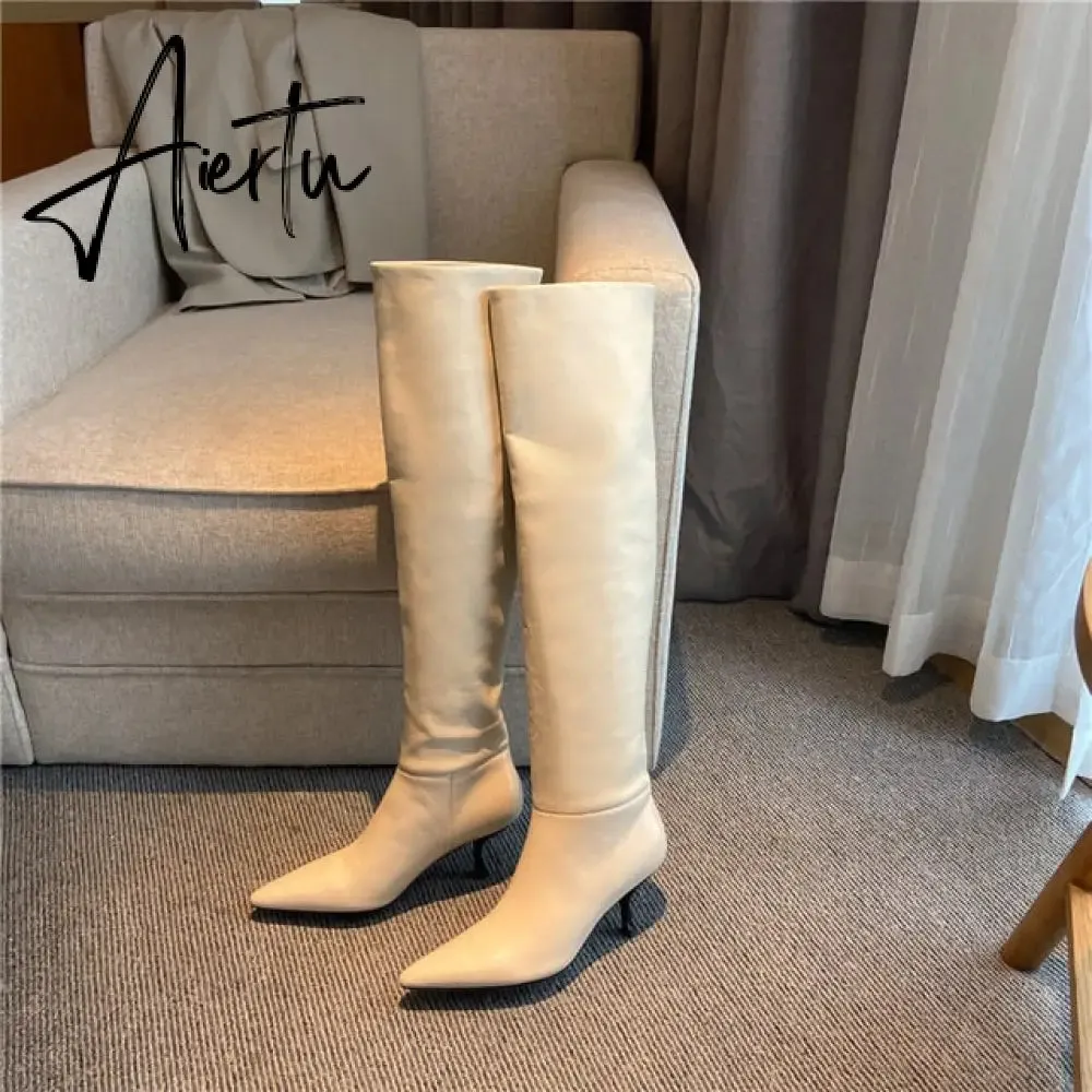 Aiertu Meotina Pleated Real Leather High Heel Long Boots Women Shoes Pointed Toe Stiletto Heels Knee-High Boots Autumn Winter Beige 43