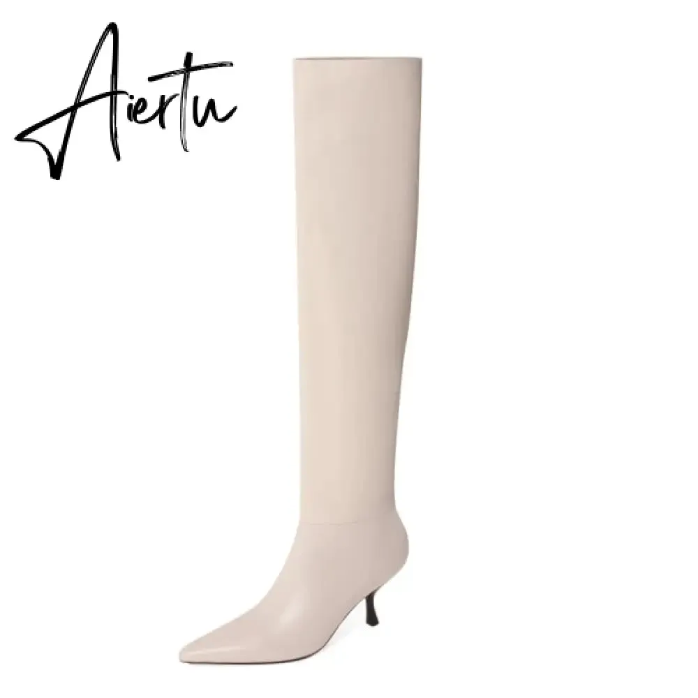 Aiertu Meotina Pleated Real Leather High Heel Long Boots Women Shoes Pointed Toe Stiletto Heels Knee-High Boots Autumn Winter Beige 43