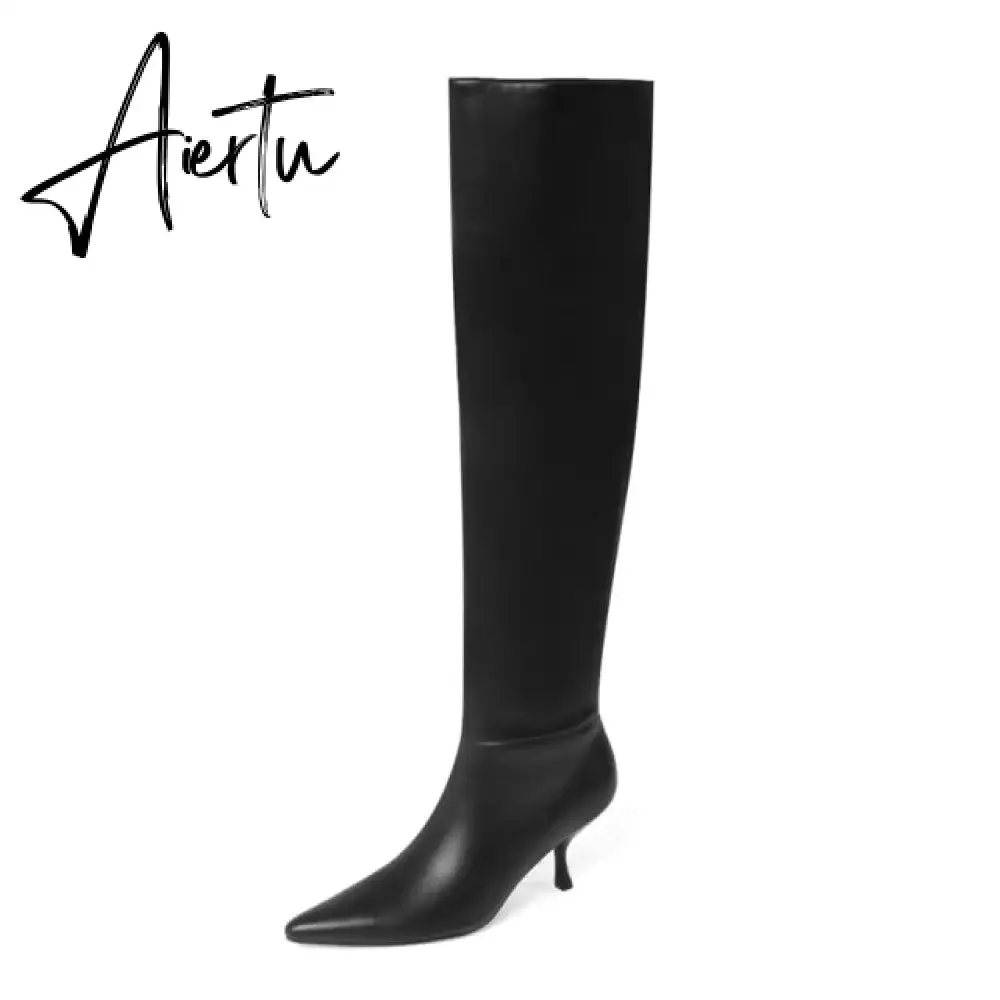 Aiertu Meotina Pleated Real Leather High Heel Long Boots Women Shoes Pointed Toe Stiletto Heels Knee-High Boots Autumn Winter Beige 43