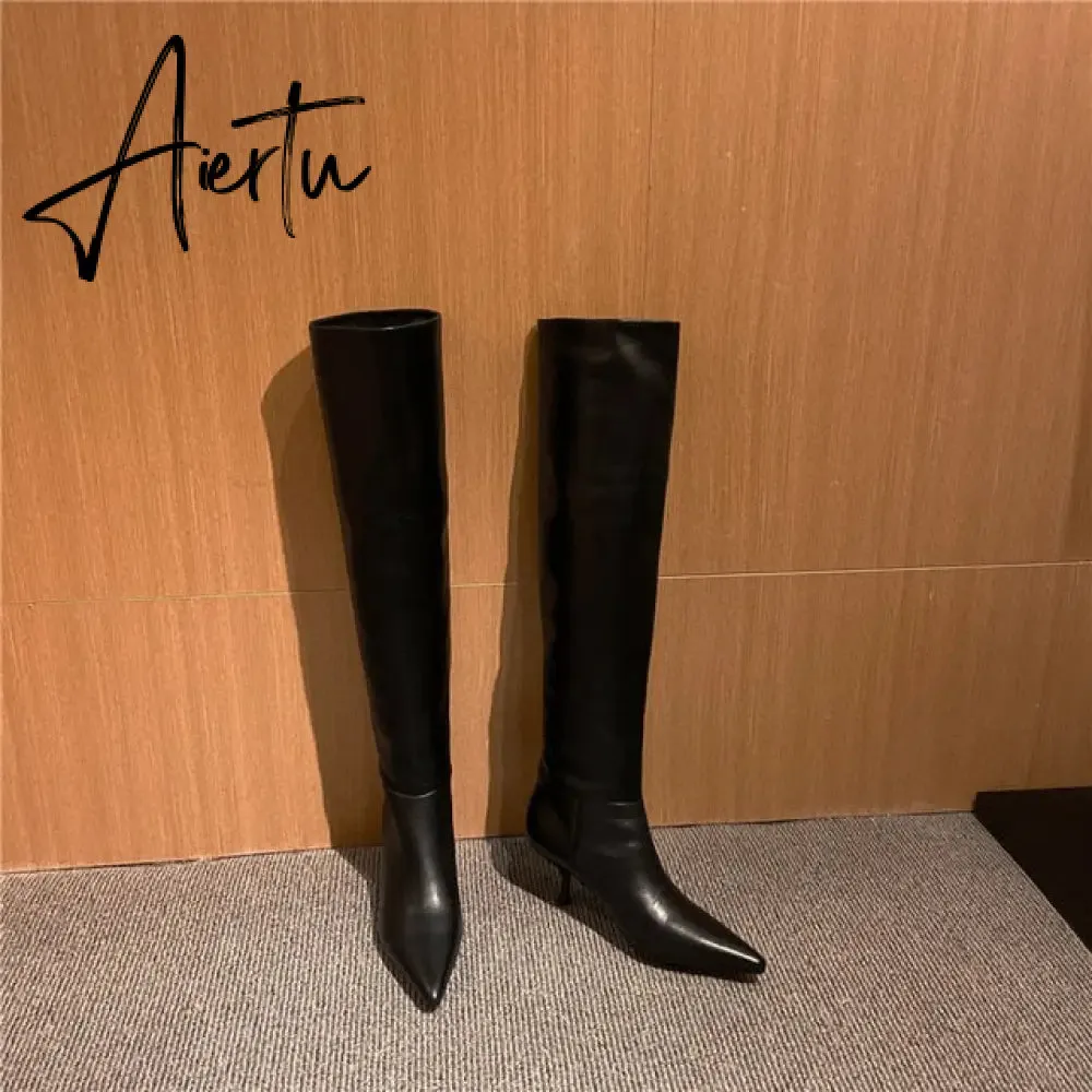 Aiertu Meotina Pleated Real Leather High Heel Long Boots Women Shoes Pointed Toe Stiletto Heels Knee-High Boots Autumn Winter Beige 43