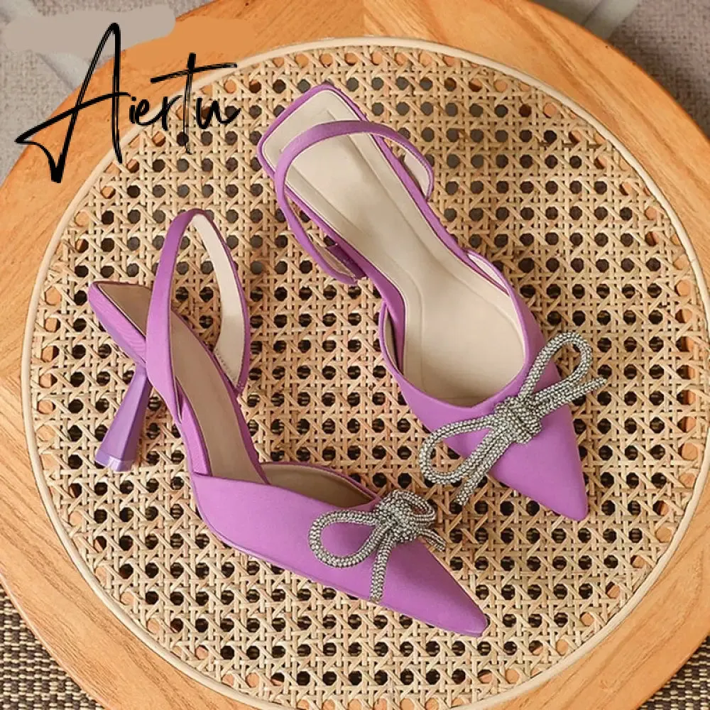 Aiertu Summer Ladies Elegant Slingback Shoes Fashion Crystal Bow-knot Women Sandal Thin High Heel Pointed Toe Mules Pumps