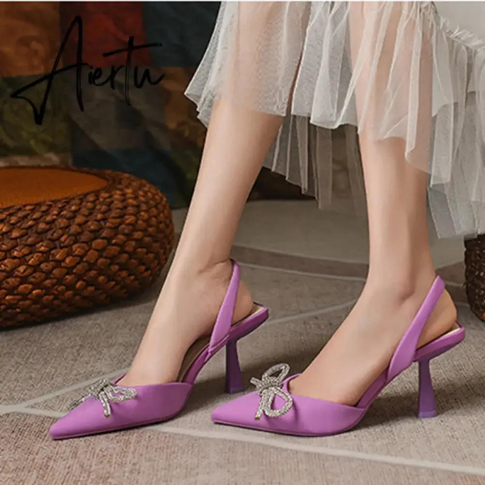 Aiertu Summer Ladies Elegant Slingback Shoes Fashion Crystal Bow-knot Women Sandal Thin High Heel Pointed Toe Mules Pumps