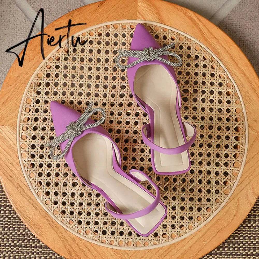 Aiertu Summer Ladies Elegant Slingback Shoes Fashion Crystal Bow-knot Women Sandal Thin High Heel Pointed Toe Mules Pumps