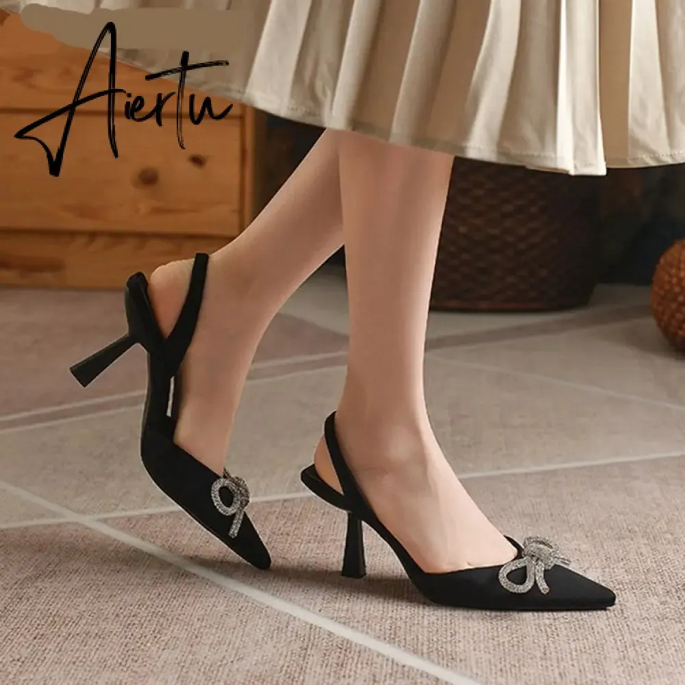 Aiertu Summer Ladies Elegant Slingback Shoes Fashion Crystal Bow-knot Women Sandal Thin High Heel Pointed Toe Mules Pumps