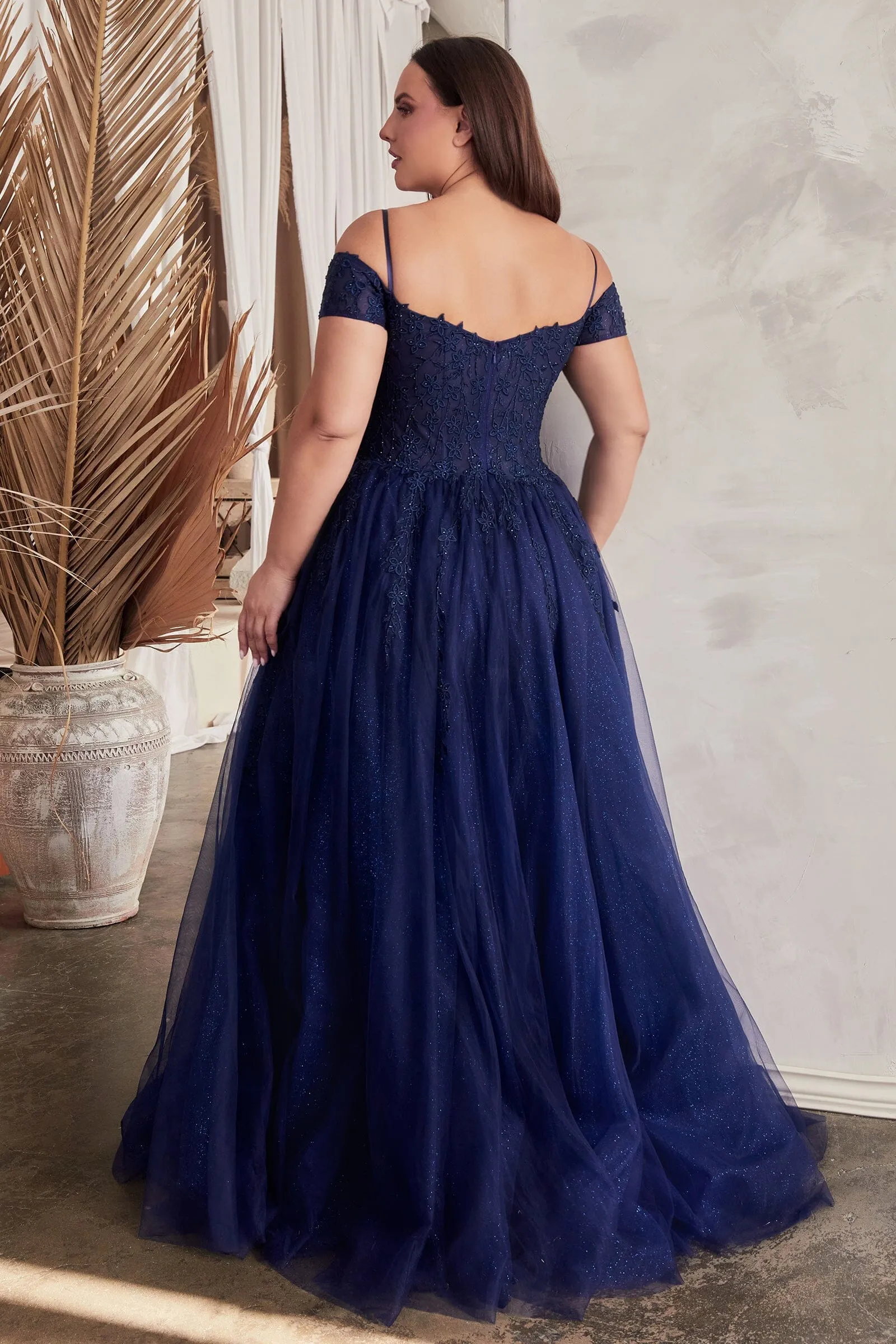 Applique Off Shoulder Tulle Slit Gown by Ladivine C154