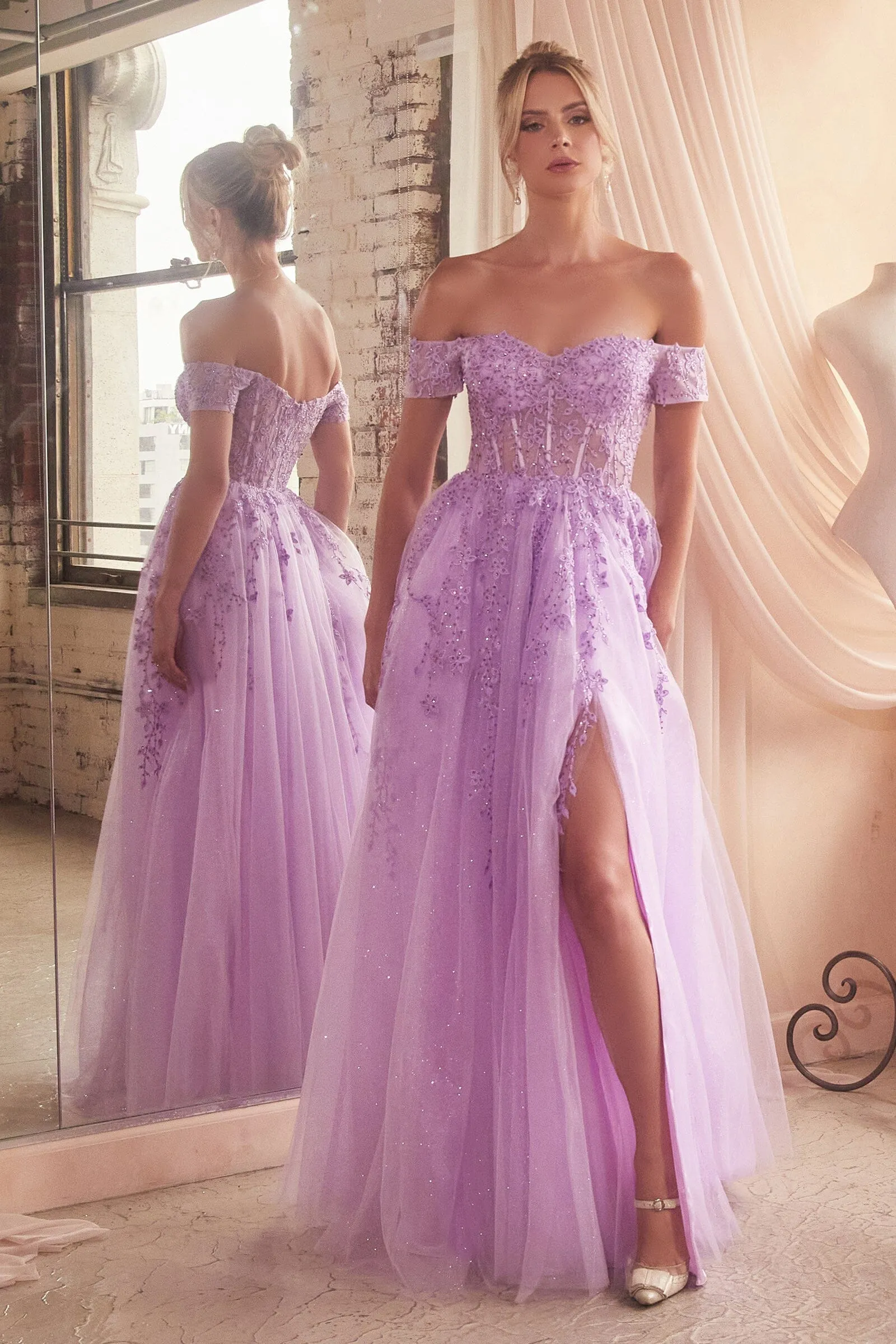 Applique Off Shoulder Tulle Slit Gown by Ladivine C154