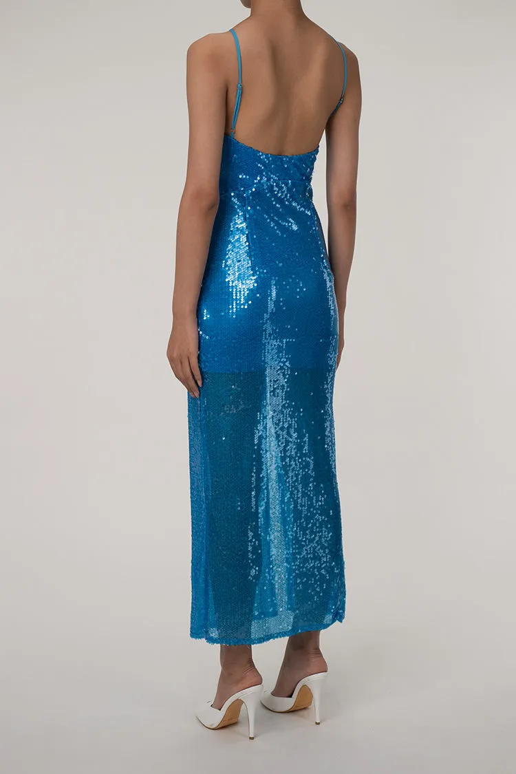 Asymmetrical One Shoulder Cutout High Split Sequin Evening Maxi Dress - Blue