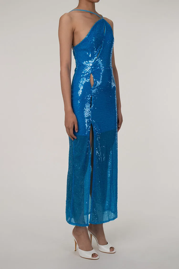 Asymmetrical One Shoulder Cutout High Split Sequin Evening Maxi Dress - Blue