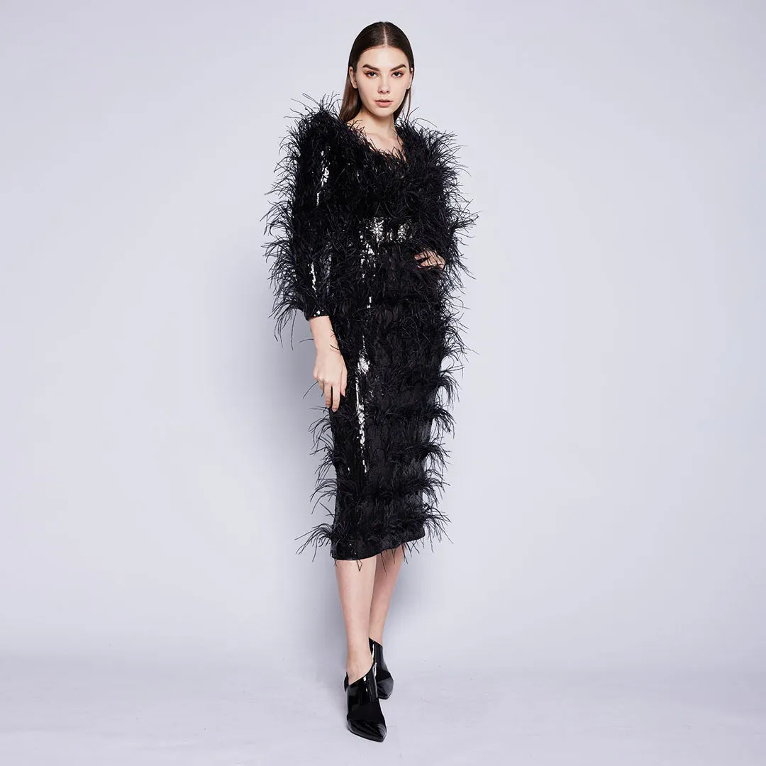 Avis Feather Sequin Dress