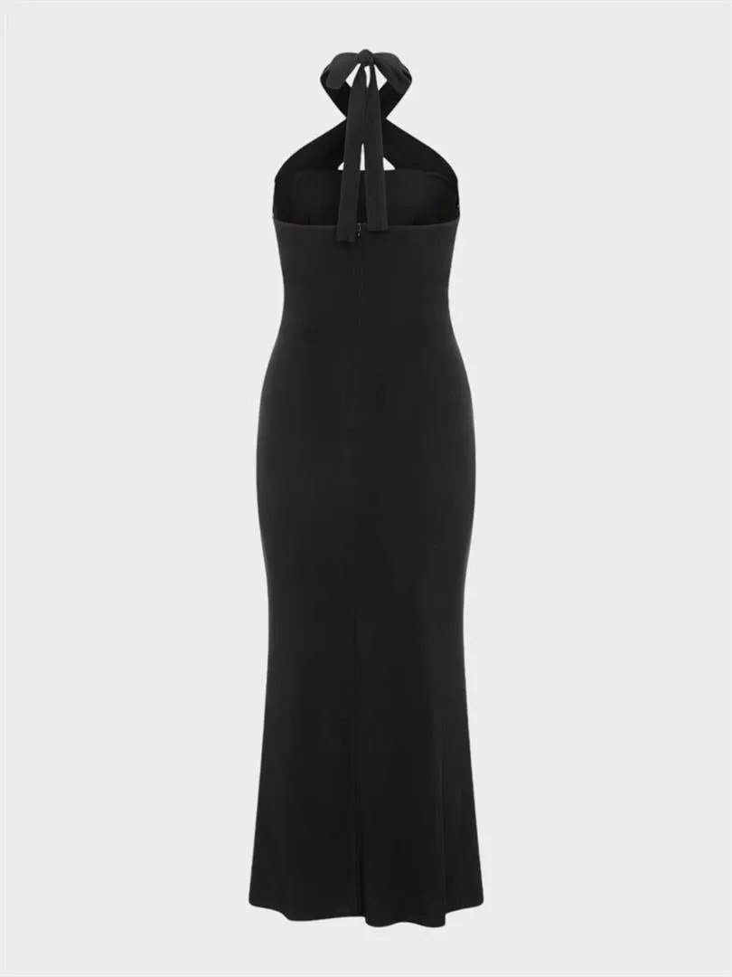 Backless Halter Neck Slit Dress - Black