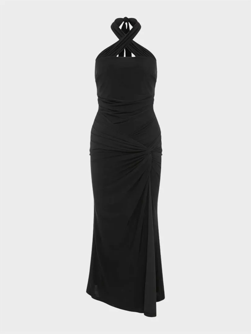 Backless Halter Neck Slit Dress - Black