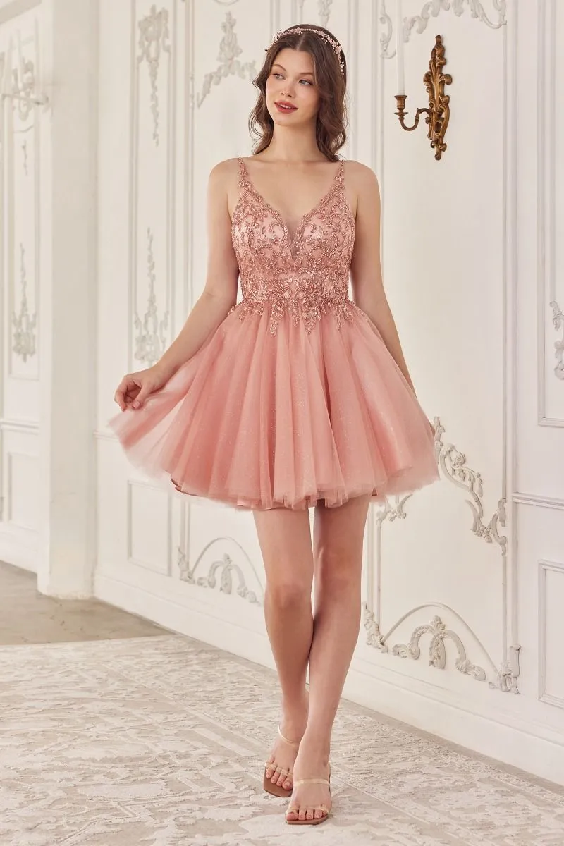 Beaded V-Neckline Layered Tulle Short Dress by Cinderella Divine CY022 - Special Occasion/Curves