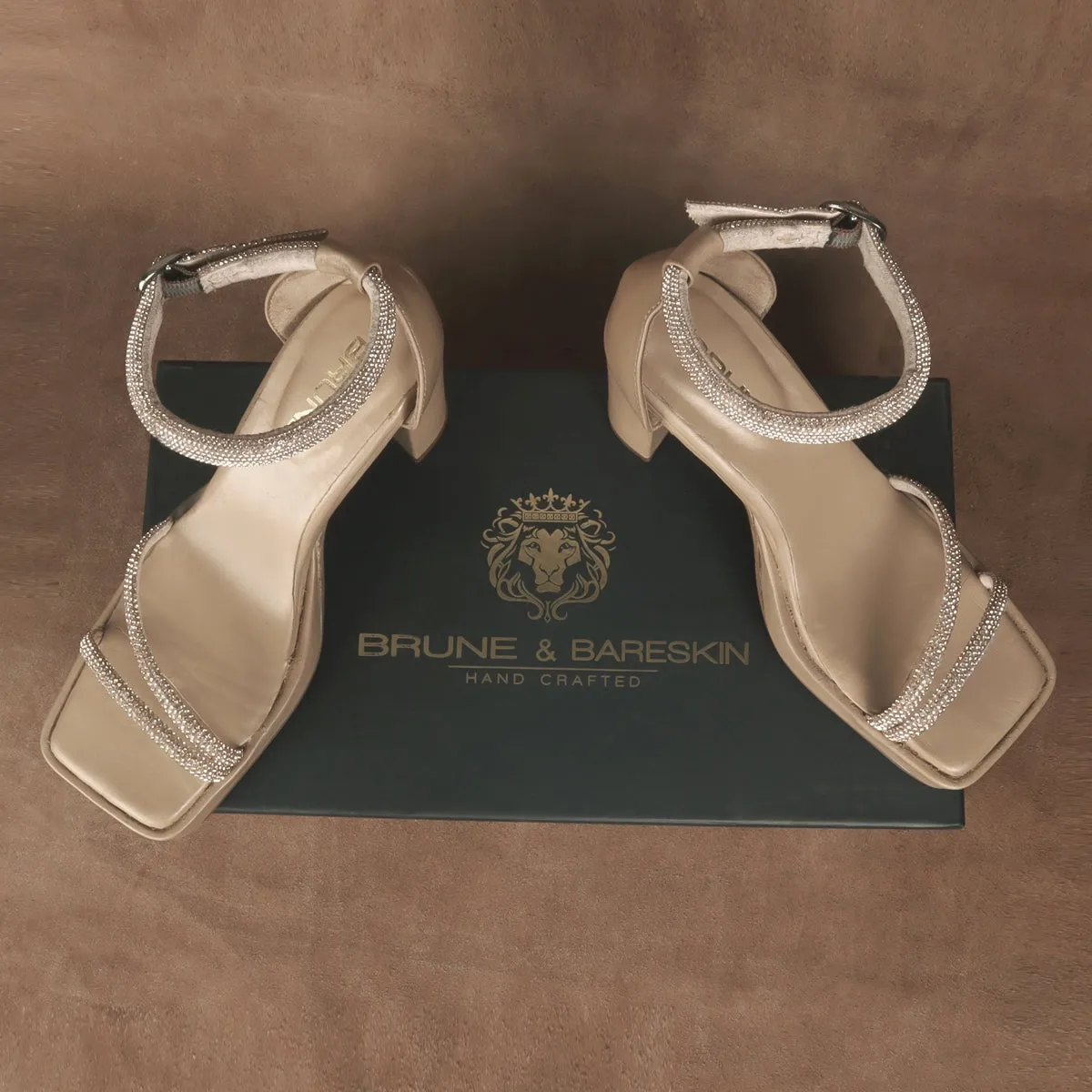 Beige Rhinestone Beads Embellishment Platform Blocked Heel Buckled Strap Ladies Sandal By Brune & Bareskin