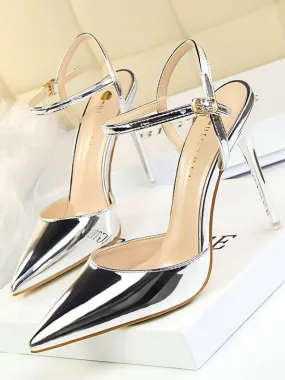 Belt Buckle Pointed-Toe Shiny Split-Joint Pumps Sandals