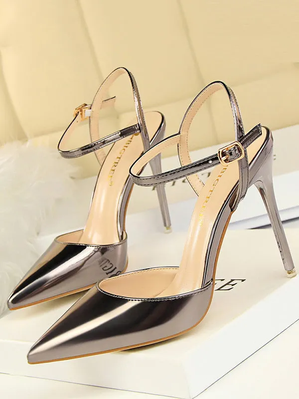 Belt Buckle Pointed-Toe Shiny Split-Joint Pumps Sandals