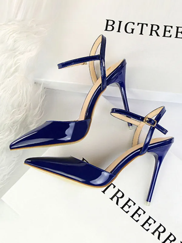 Belt Buckle Pointed-Toe Shiny Split-Joint Pumps Sandals