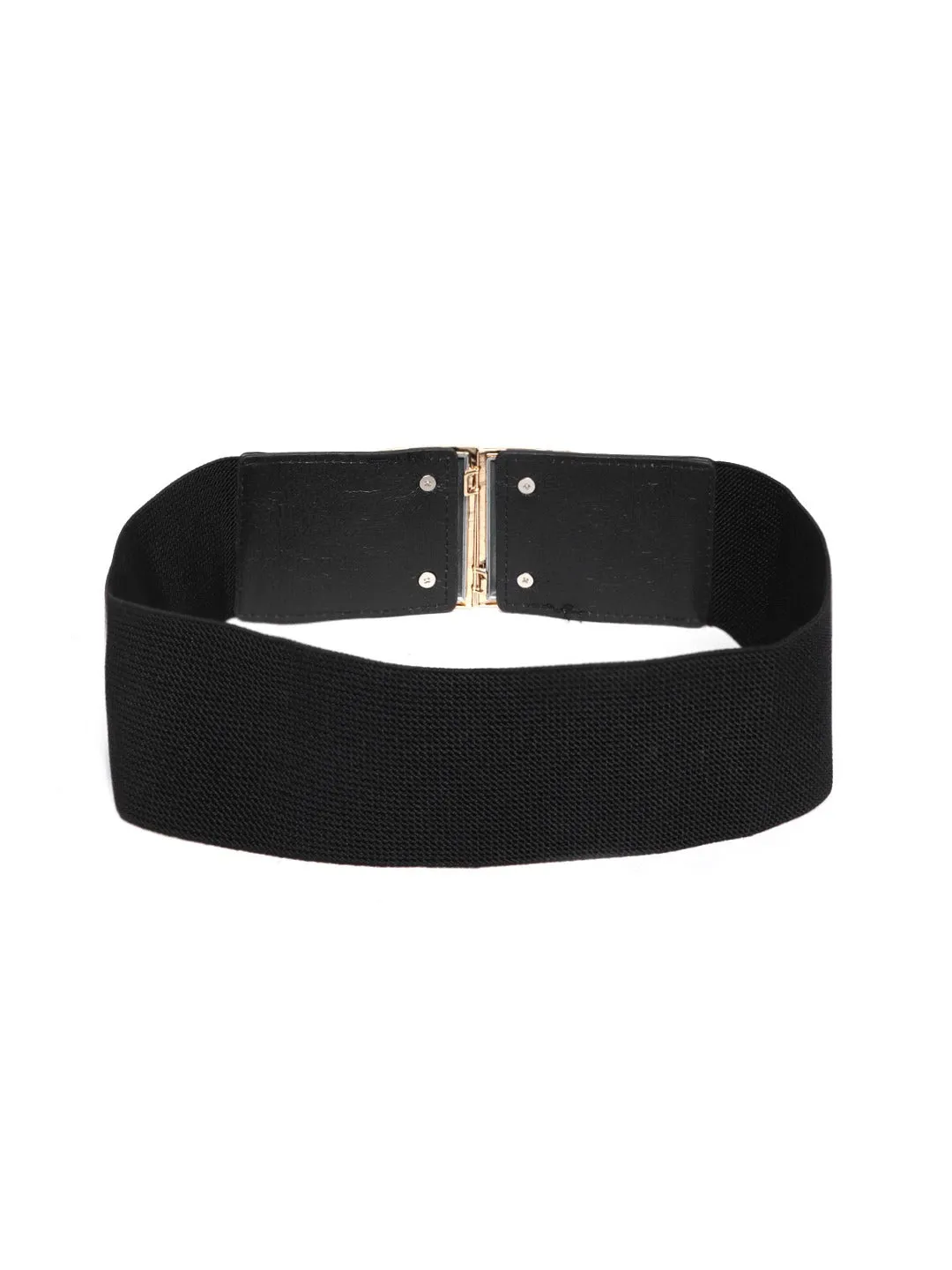 Berrylush Women Black Elastic Strap Golden Rectangle Buckle Belt