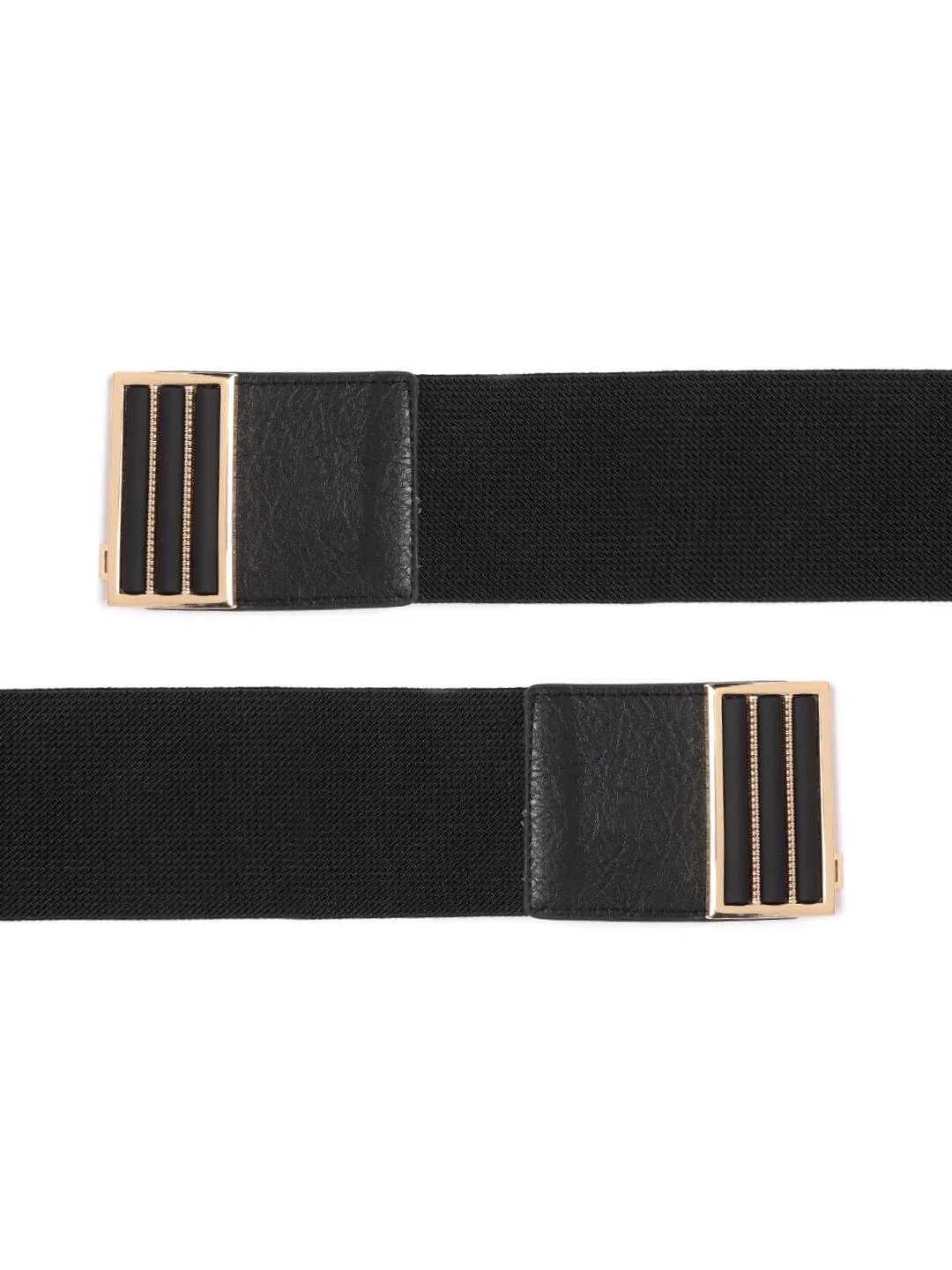 Berrylush Women Black Elastic Strap Golden Rectangle Buckle Belt