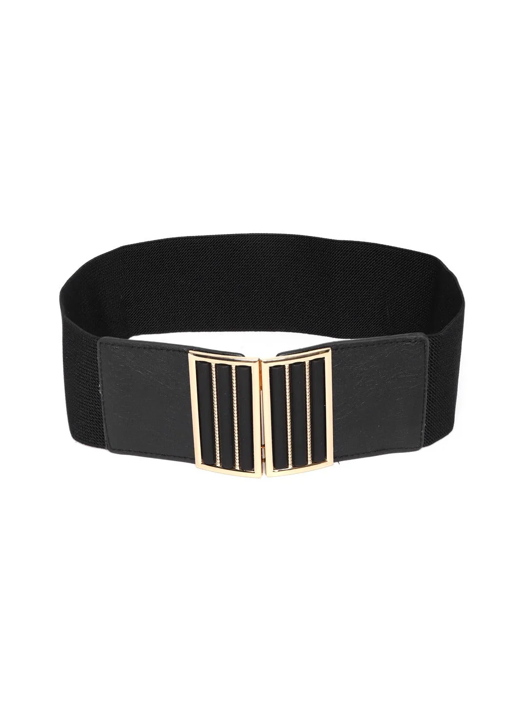 Berrylush Women Black Elastic Strap Golden Rectangle Buckle Belt