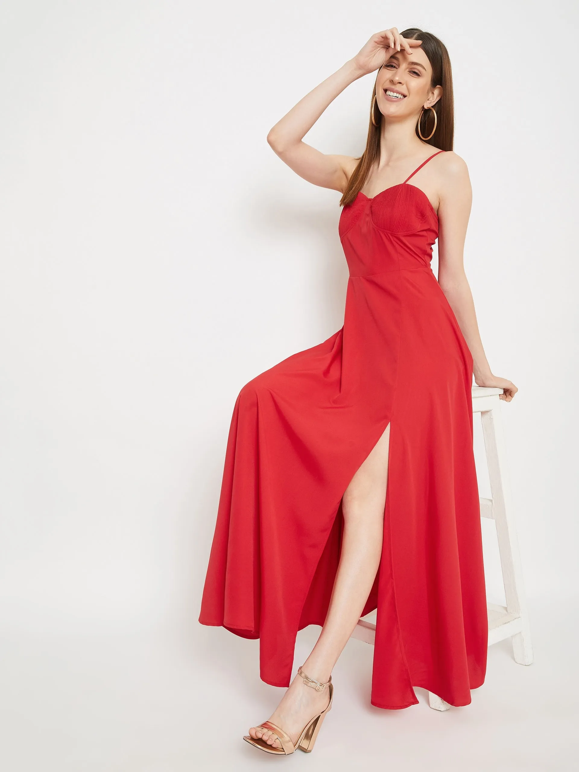 Berrylush Women Solid Red Pleated Bustier Maxi Dress