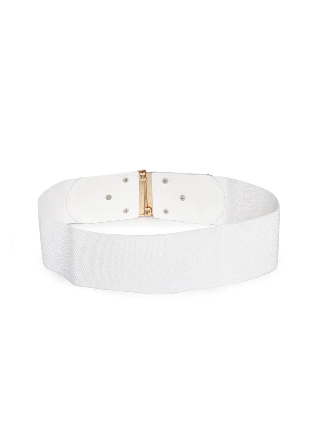 Berrylush Women White Elastic Strap Double Buckle Belt