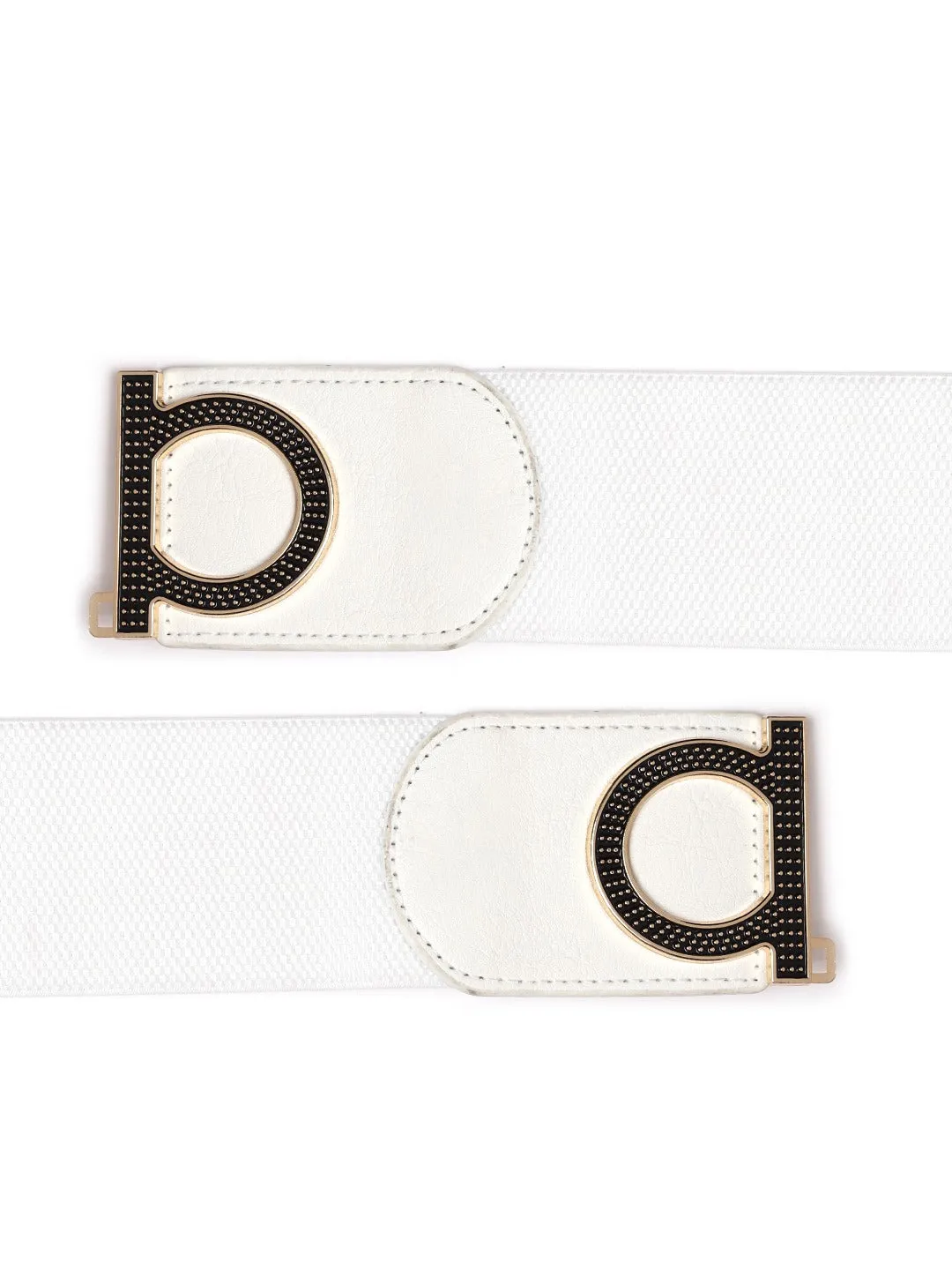 Berrylush Women White Elastic Strap Double Buckle Belt