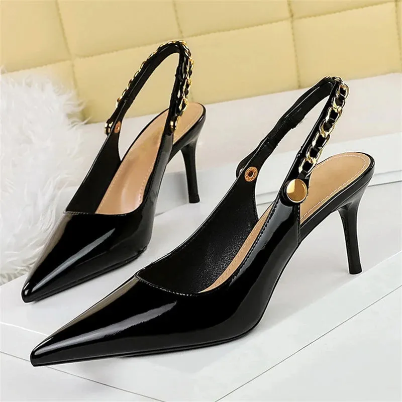 BIGTREE Patent Leather Women Pumps Stilettos Heels Hollow Out CHAIN SLIP-ON Elegant Party Shoes Zapatos Mujer