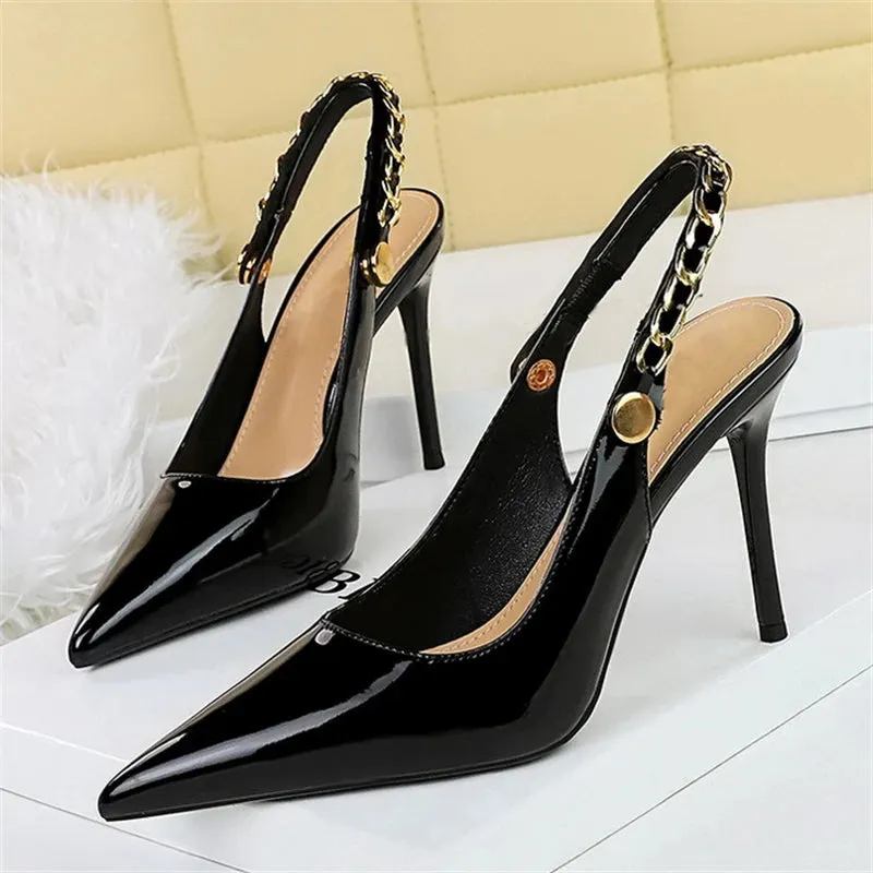 BIGTREE Patent Leather Women Pumps Stilettos Heels Hollow Out CHAIN SLIP-ON Elegant Party Shoes Zapatos Mujer