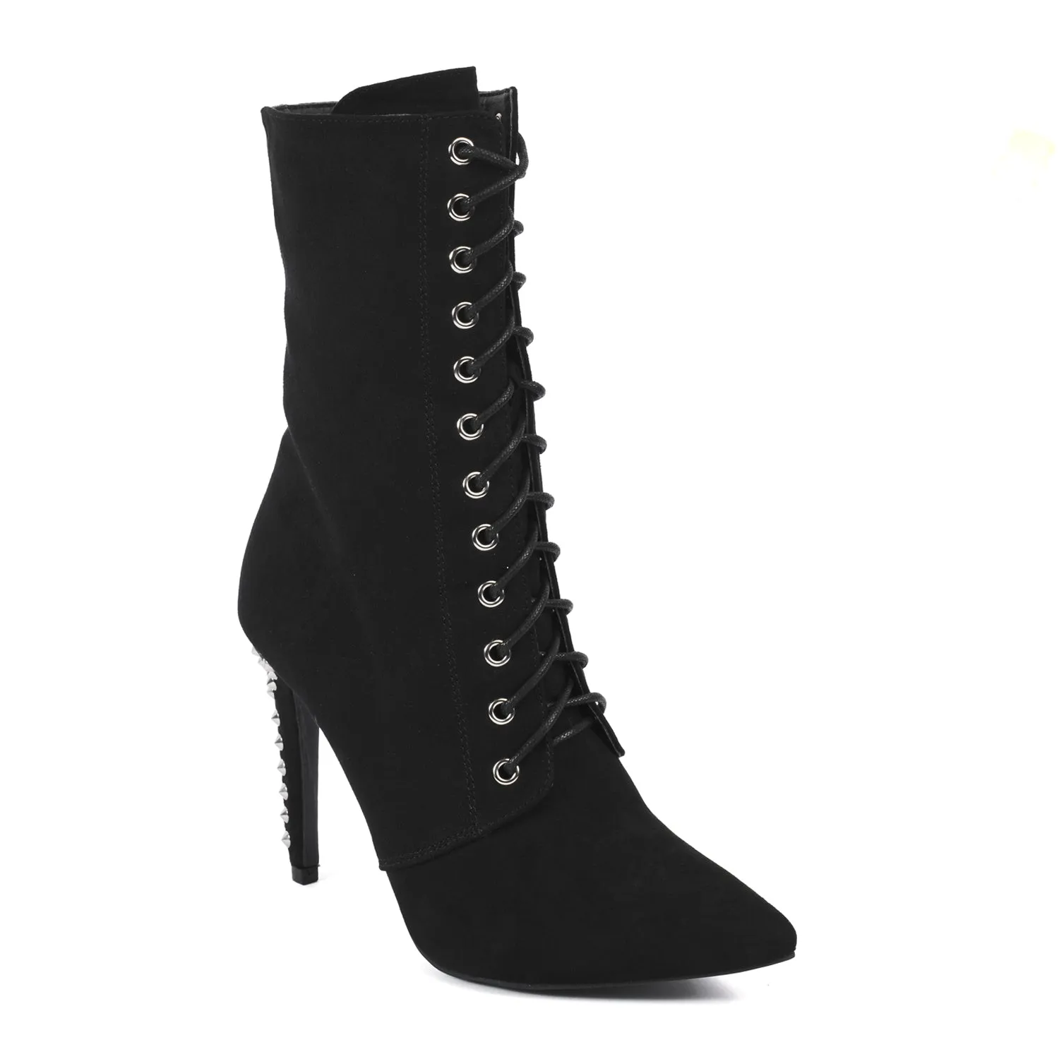 Black Lace Up Studded Stilleto Heel Ankle Boots