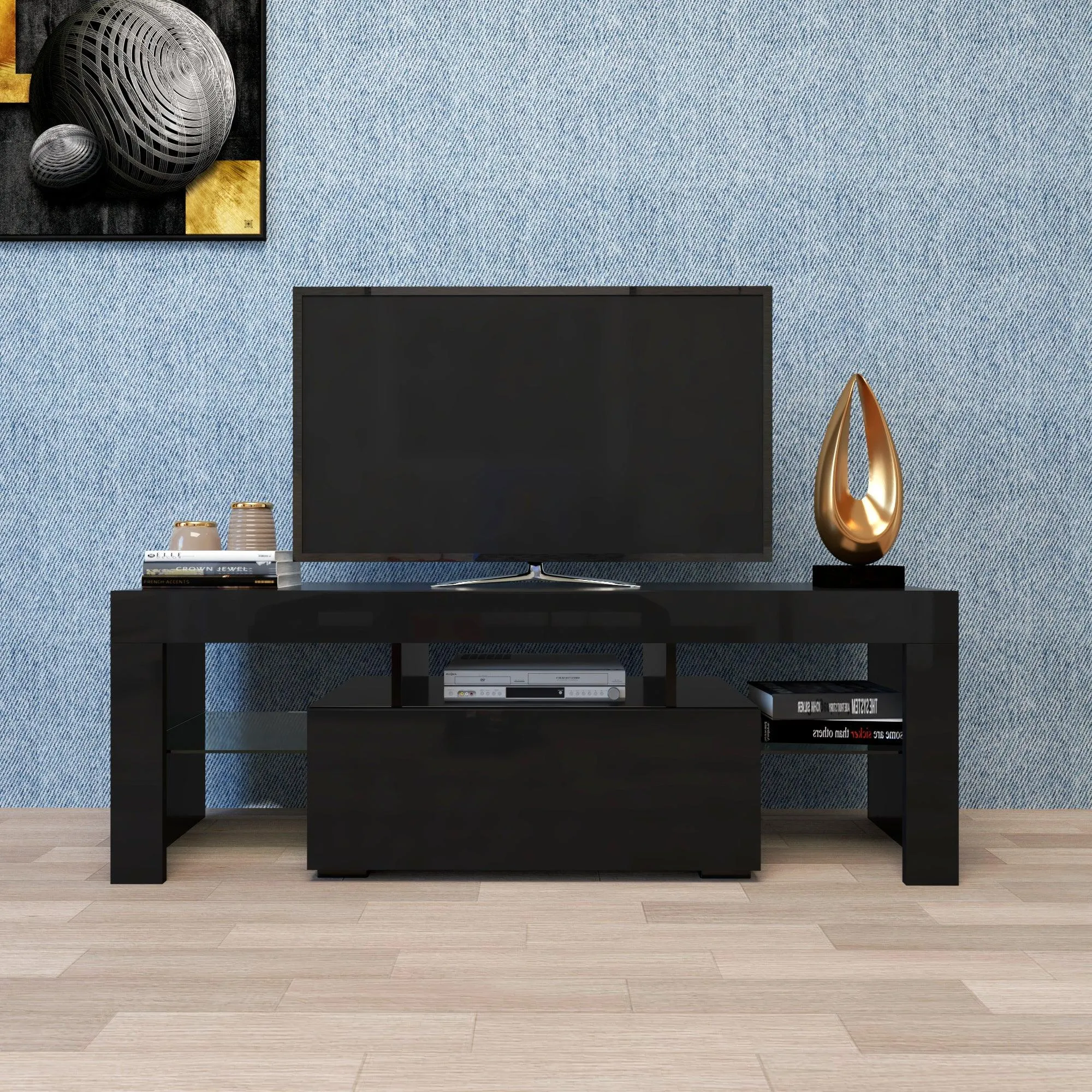 Black TV Stand with LED RGB Lights, Flat Screen Cabinet