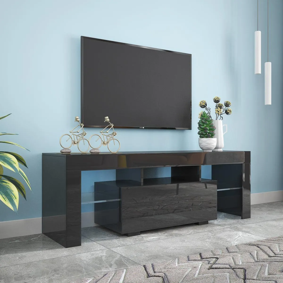 Black TV Stand with LED RGB Lights, Flat Screen Cabinet