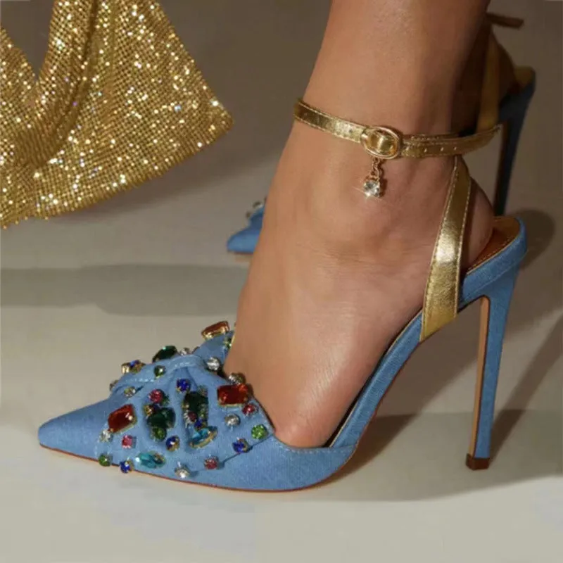 Blue Denim High Heels with Embellished Bow & Ankle-Straps