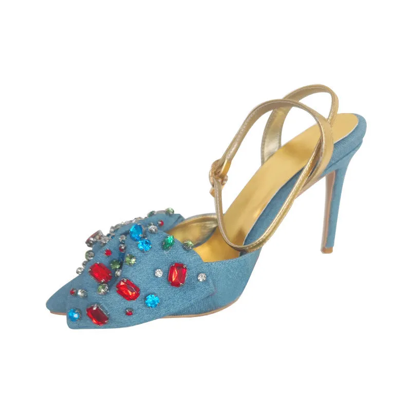 Blue Denim High Heels with Embellished Bow & Ankle-Straps