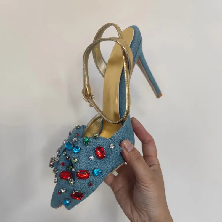 Blue Denim High Heels with Embellished Bow & Ankle-Straps