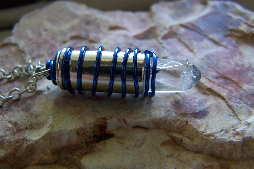 Blue Wire Wrapped Natural Quartz Crystal Bullet Pendant Necklace