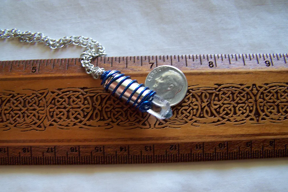 Blue Wire Wrapped Natural Quartz Crystal Bullet Pendant Necklace