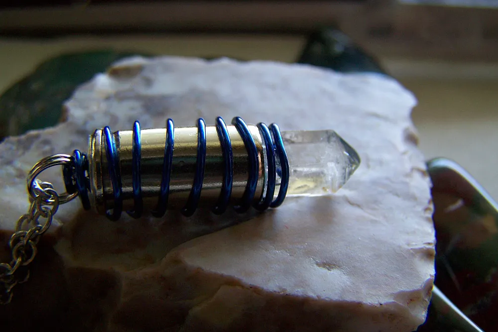 Blue Wire Wrapped Natural Quartz Crystal Bullet Pendant Necklace