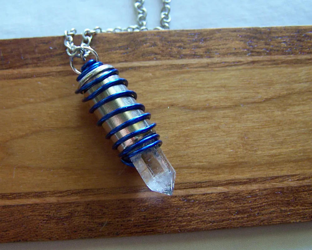 Blue Wire Wrapped Natural Quartz Crystal Bullet Pendant Necklace