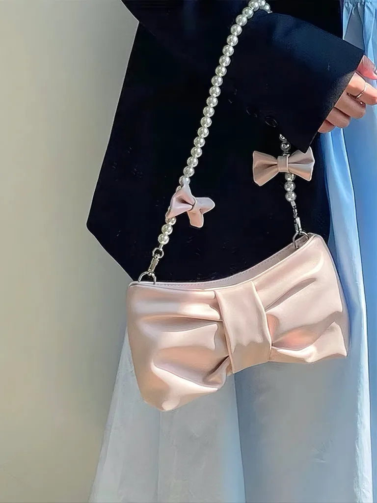 'Blur' Coquette Bowtie Shape Pearl Straps Crossbody Bag