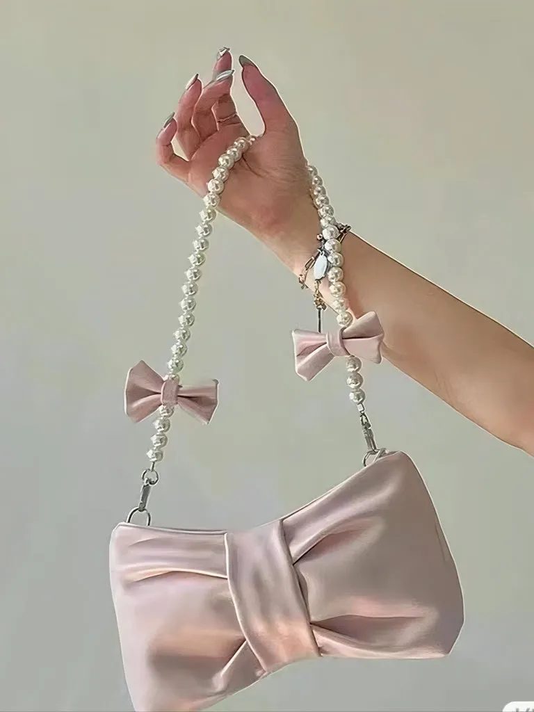 'Blur' Coquette Bowtie Shape Pearl Straps Crossbody Bag